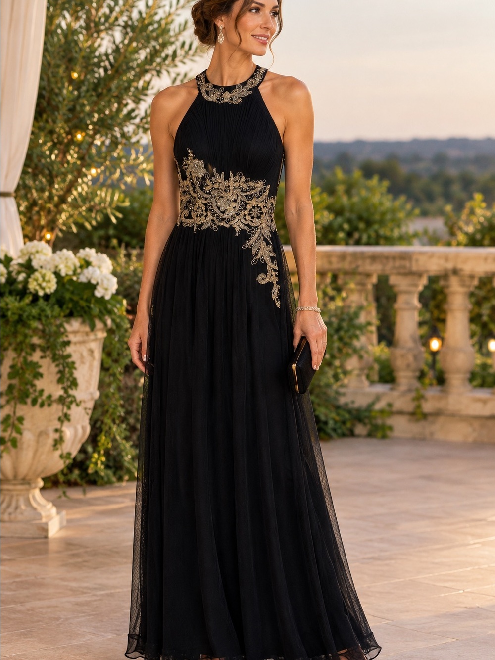 Betsy & Adam Navy Maxi Beaded Evening Dress with Gold Embroidery. Size 8
